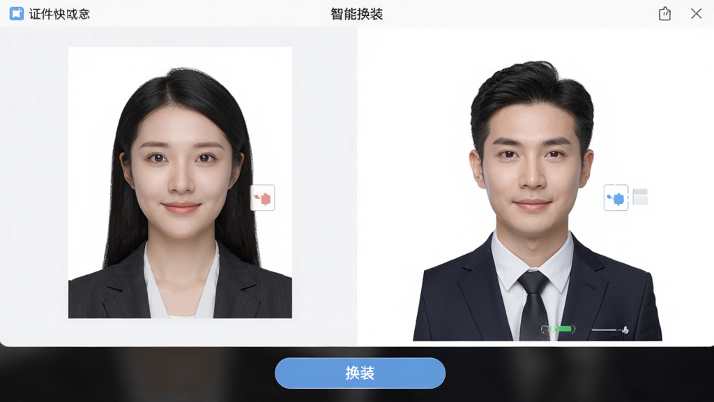 证件照快制作软件界面展示智能换装功能,左侧为原始照片,右侧为替换正装后的证件照效果,背景为纯白色,人物表情自然,界面下方有“换装”按钮,整体风格专业清晰,画质高清,无多余元素