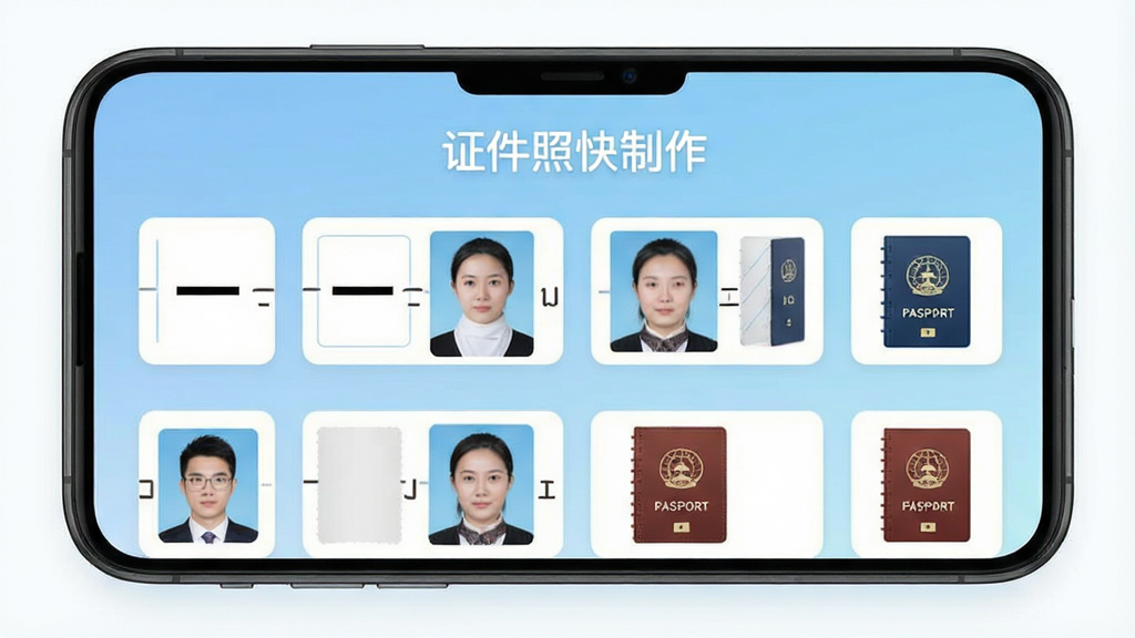 一张智能手机屏幕展示证件照快制作软件主界面,界面顶部有“证件照快制作”字样,下方整齐排列各类证件照尺寸模板图标,如一寸、二寸、护照等,背景为浅蓝色渐变,整体风格简洁明快,画质清晰,干净无多余元素