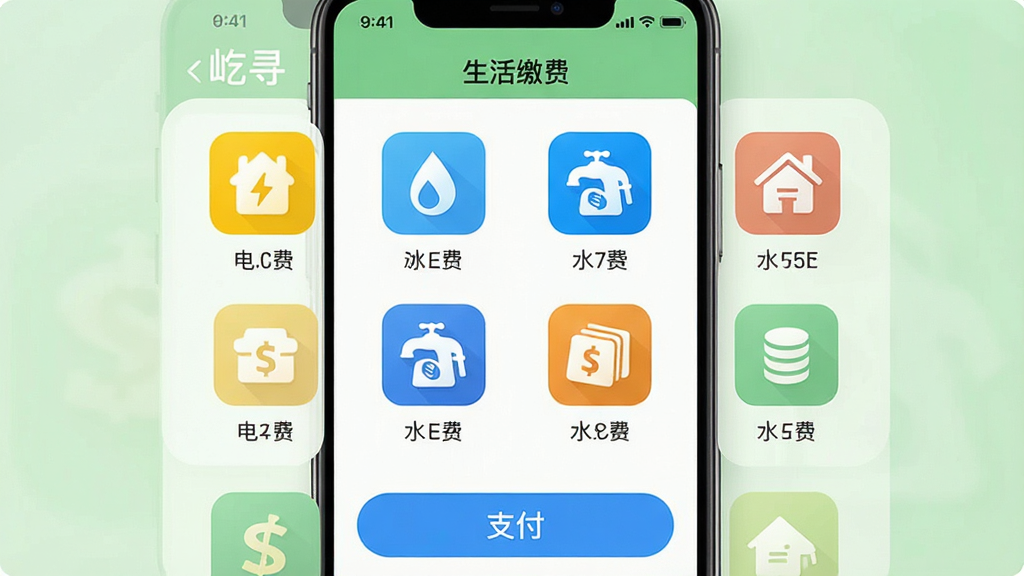 ���壺��ѰApp������ɷѽ��棬չʾ����ɷ���Ŀͼ�ꡣ���֣��ֻ���Ļչʾ���ɷ���Ŀ��������ʽ���У�ÿ��ͼ���·������ơ��Ű棺����ͳһ��ͼ��ɫ�ʷḻ������Ϊ��ɫ��ˮ��Ϊ��ɫ�����дʵ��񣬸������ȣ�����Ϊ����ɫ��ϸ�ڣ���Ļ����ʾ����Ѱ�������������С�����ɷѡ����⣬�ײ���֧����ť�����ʸɾ����޶���Ԫ�ء�