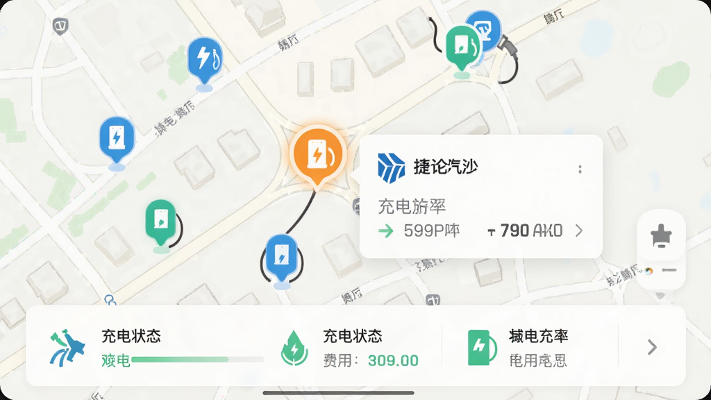 ����Ϊ��;����APP�ĳ���ͼ���棬����Ϊǳɫ��ͼ������ֲ����������׮ͼ�꣬����һ����������ʾ���������鿨Ƭ�������Ե�ͼΪ�����ײ��г��״̬��Ƭ������Լ������ɫ�����죬ϸ���ϵ�ͼ��·���ͽ�������������Ƭ���г�繦�ʺͷ�����Ϣ�����ʸɾ���