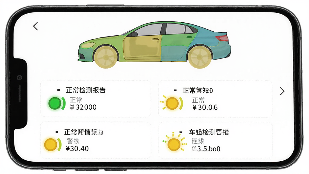 ��������Ϊ�ֻ�APP�ڵĳ�����ⱨ��ҳ�棬����Ϊ��Ϣͼ��ʽ���Ϸ��ǳ�������ͼ���ò�ͬ��ɫ��ע��ⲿλ���Ű���������ķֶ�ʽ�������ֱ�ۣ�����ɫ�ͻ�ɫָʾ�ƴ��������뾯��״̬��ϸ���ϣ�ÿ����������о�����ֵ�����ʸ��壬�����ɾ���