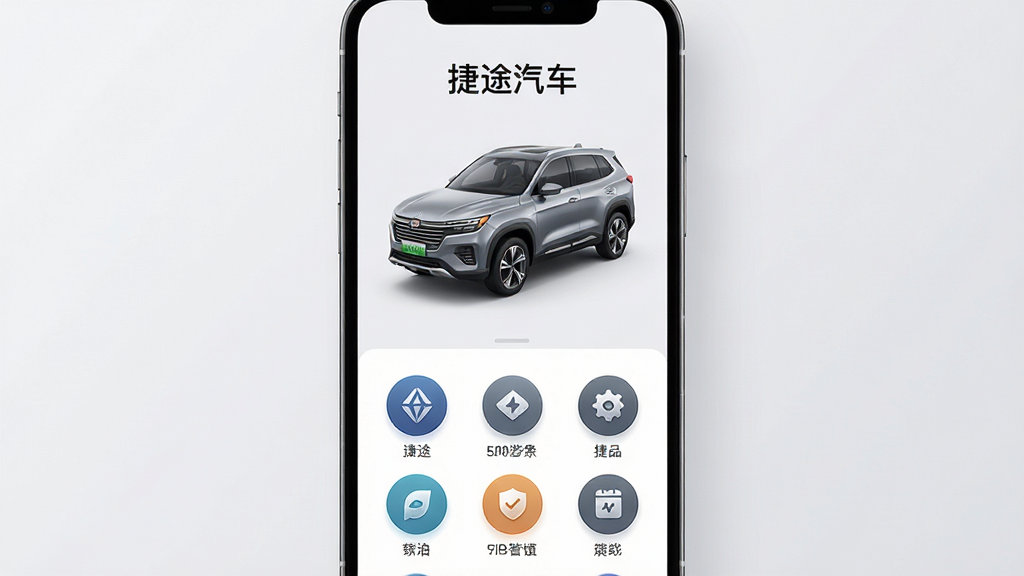 ��������Ϊһ�������ֻ���Ļ����Ļ��չʾ��;����APP�������棬�����Ǽ�Լ��ǳ��ɫ�������岼����APP����UIΪ���ģ��Ϸ���ʾ����;������������һ��������SUV��3Dģ�ͣ��·�������Բ�ι���ͼ�ꡣ�Ű���þ��й�ͼ���������ף�����ִ��Ƽ��У�ϸ����ͻ������ͼ��ľ��¹�Ӱ�����ʸ��壬�ɾ��޶���Ԫ�ء�