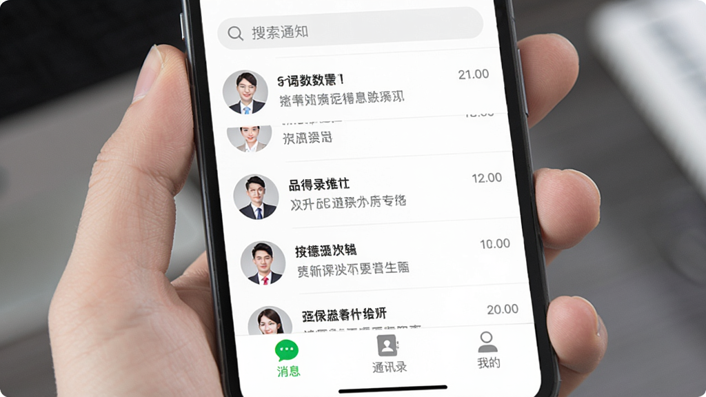 ��ҵԱ����Ϣ֪ͨ���棬�ֻ���Ļ����ʾ�����б���������������ÿ���Ự��ʾ��ϵ��ͷ�����һ����ϢԤ����ʱ�䣬�ײ�Ϊ����Ϣ����ͨѶ¼�����ҵġ�����ѡ�������Ϊ��ɫ������������΢�ţ��������񻯣���������