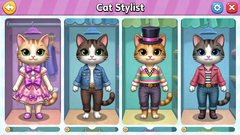 չʾ��Cat Stylist����Ϸ���¹���棬��ֻè��ģ�ش��Ų�ͬ���ķ�װ���������ȹ��ţ�����ס�С��ñ�ȣ��������������ɫ�����ޣ���ͨ���ϸ�ڷḻ�����ʸɾ�����