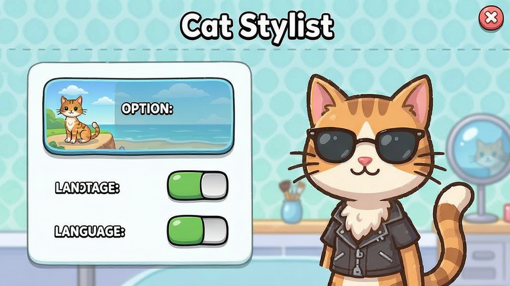 չʾ��Cat Stylist����Ϸ���ý��棬��������ѡ���Ч���ء�����ѡ��ȣ������࣬��ͨ��񣬻��ʸ��壬�޶���Ԫ��