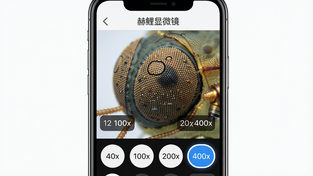 ����Ϊ������΢��Ӧ�õĶ౶���л����棬��Ļ�·���ʾһ�ű��ʰ�ť��40x��100x��200x��400x������ǰѡ��400x������ʾ������Ϊ�ֻ��������棬��Ļ������ʾ�Ŵ�����渴�۽ṹ���������ֱ�ۣ���ť���Բ��ϸ�ڰ���������ֵ�Ͷ�Ӧ��ͼ�������ȱ仯���Լ�Ӧ�����ơ�������΢����λ�ڶ��������ʸ��壬�ɾ��޶���Ԫ�ء�