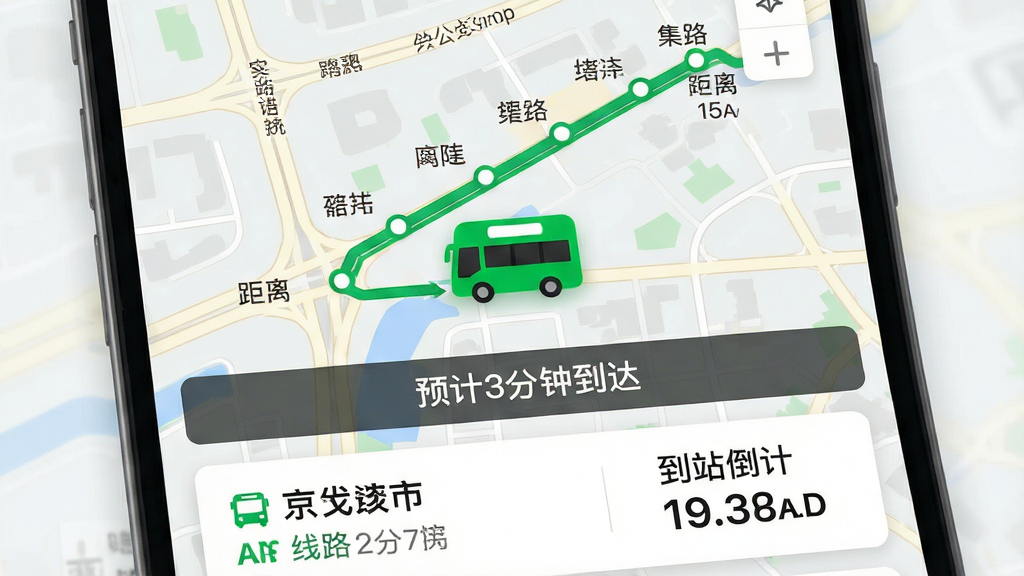 ���壺����ʵʱ����App��ʵʱ��ͼ���棬��ͼ����һ����ɫ������ͼ��������·���ƶ����·���ʾ��Ԥ��3���ӵ�������֣���ͼռ�ݴ󲿷ֻ��棬�ײ��п�Ƭ��ʾ��·��Ϣ�͵�վ����ʱ���Ű棺��ͼ·��������վ����Բ���ע��������ͼ��ͻ�������дʵ���ƽ��ϣ���ͼ����ǳɫ��ͼ����ɫ��׺��ϸ�ڣ���·���ơ�վ�����ơ��������������ɼ������ʣ��߷ֱ��ʣ��ɾ����޶���Ԫ�ء�