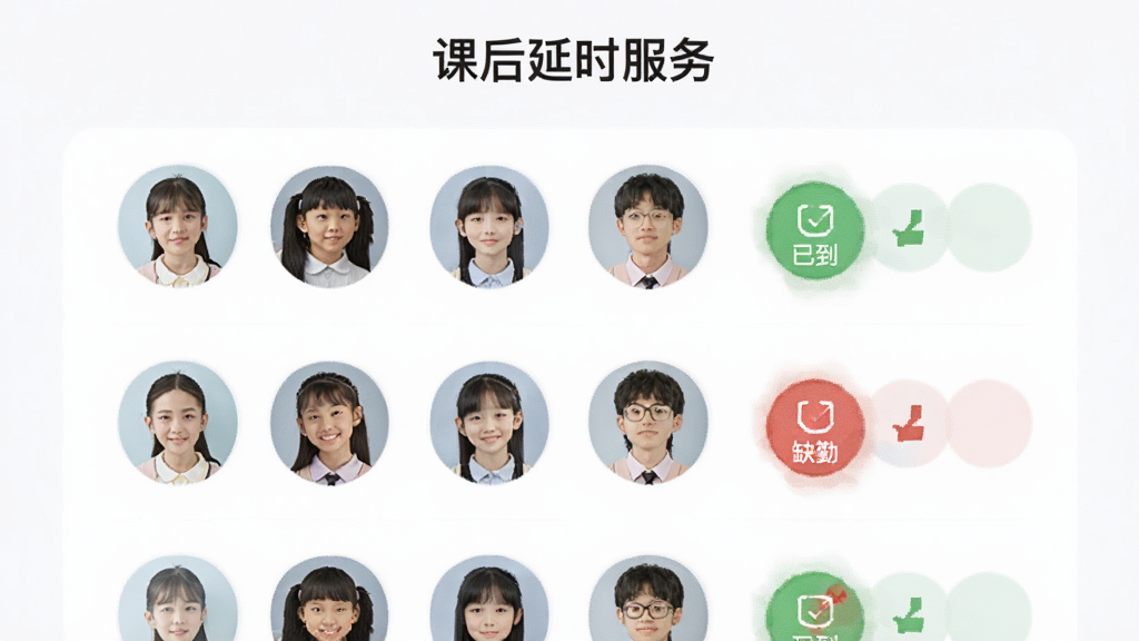 �κ���ʱ�����ڽ��棬չʾѧ��ͷ���б���ǩ��״̬ͼ�꣬��ɫ��ʾ�ѵ�����ɫ��ʾȱ�ڣ������С��κ���ʱ�����������ƶ���UI��ƣ������������