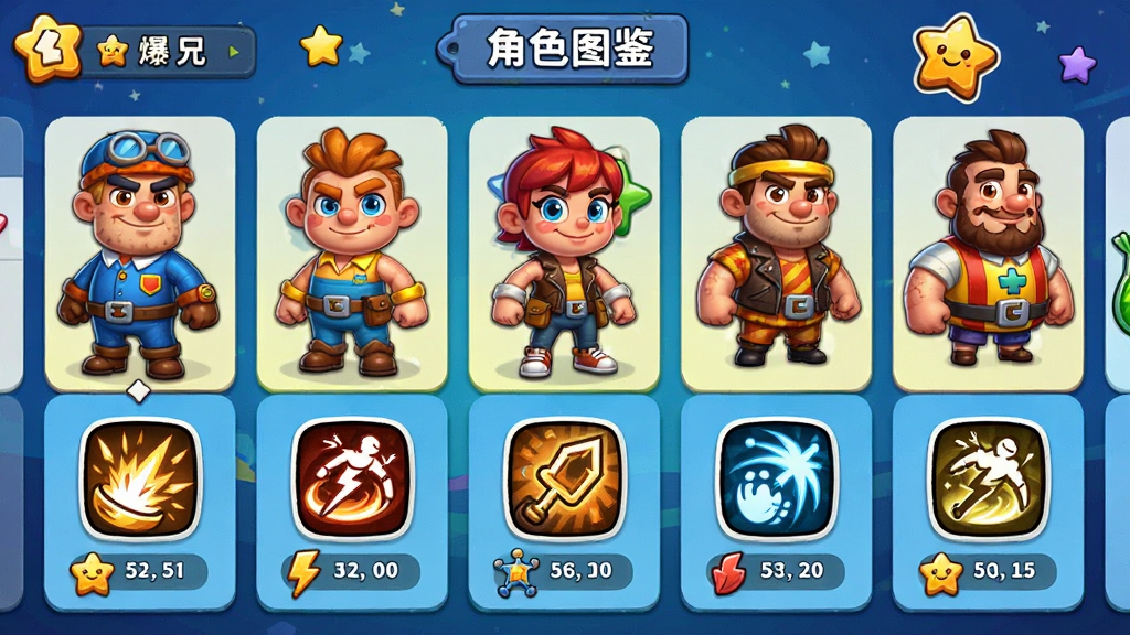 ����Ϊ�������ֵ�(Bomber Friends����ɫѡ����棬������͸���Ŀ�ͨ��ɫ���г����ţ���ɫ�·���ʾ����ͼ�������ֵ������Ϊ��������б����Ű����룬���Ϊɫ�����޵�2D��ͨ��ϸ�ڰ�����ɫ��װ�������ͱ���������װ�Σ�����ϸ��ɾ����޶������֣�ͼƬ����ʾ����ɫͼ������ǩ