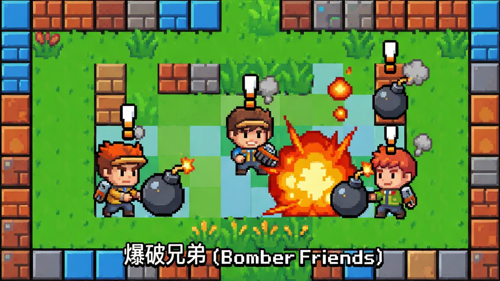 ����Ϊ�������ֵ�(Bomber Friends)����Ϸ����ͼ�������Ǽ���Q�濨ͨ��ɫ�ڷ����Թ��з���ը����ը����ը��ЧΪ�Ⱥ�ɫ���棬������ɫ�����޵�ש��Ͳݵأ����ֲ��öԳƹ�ͼ����ɫ��ɢ�ڻ������룬�Ű������죬���Ϊ��ͨ���ط磬ϸ�ڰ�����ɫͷ���ĸ�̾�ź�Ʈ������������ʸ���ɾ��������޶���Ԫ�أ�ͼƬ����ʾ��Ϸ���ơ������ֵ�(Bomber Friends)��