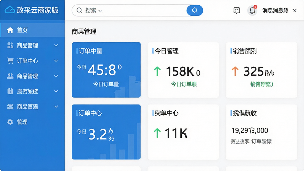 主体:政采云商家版软件的主界面截图风格,展示商品管理、订单中心等功能模块;布局:左侧为导航菜单,右侧为数据看板,上方为搜索栏和消息通知;排版:信息层级分明,卡片式设计;风格:商务简约,蓝色主色调;细节:界面中包含