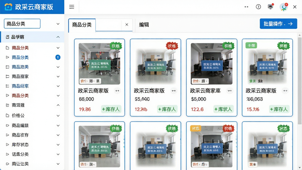 主体:政采云商家版商品管理功能界面,展示商品列表和编辑窗口;布局:左侧为商品分类筛选,右侧为商品卡片列表,顶部为批量操作按钮;排版:列表式布局,每个商品卡片显示主图、标题、价格和库存状态;风格:清新商务风,白底蓝边;细节:界面包含