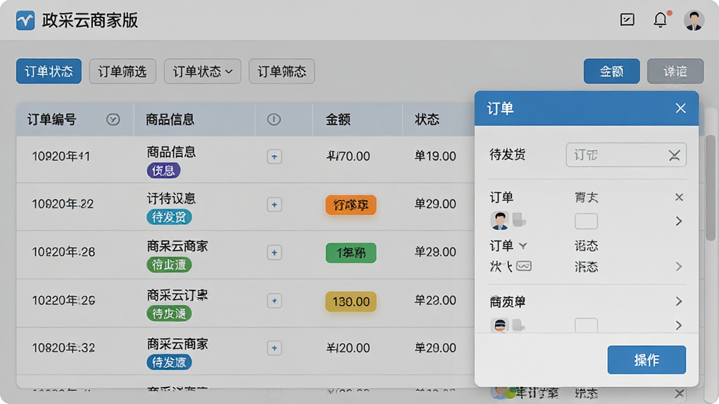 主体:政采云商家版订单处理界面,显示订单列表和订单详情弹窗;布局:上方为订单状态筛选标签,中间为订单列表,右下角为操作按钮;排版:表格形式展示订单编号、商品信息、金额、状态;风格:简约商务,蓝灰配色;细节:包含