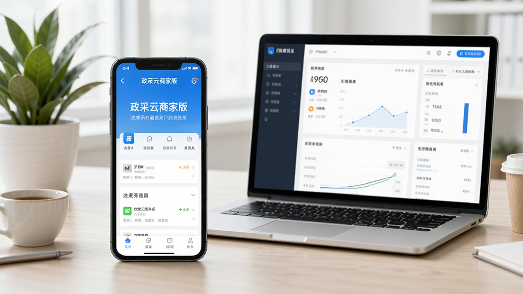 主体:一部手机屏幕上显示政采云商家版APP界面,旁边放着一台笔记本电脑;布局:手机和电脑并排,背景为办公桌,有绿植和咖啡杯;排版:手机屏幕特写,电脑屏幕显示后台数据;风格:写实商务风,明亮色调;细节:手机界面中可见