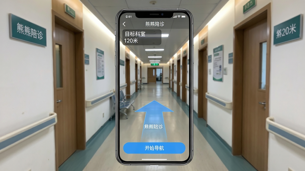 һ�������ֻ�����չʾ���������App�ĵ������棬����������ͷʵʱ����ҽԺ���ȣ�������Ӱ�͸����ɫ��ͷָ���Ҳ����ң���Ļ���Ͻ���ʾ��ǰλ�ú;���Ŀ����ҡ�120�ס����ײ��С���ʼ��������ť������Ϊ�ֻ�ȫ����ʾ����������ʵ��ҽԺ���ȣ������п������ƣ����ΪAR��ǿ��ʵ���ϸ�ڰ�����ͷ�ϵġ��������С�֡���Ļ���Ͻǵ������ź�ͼ�ꣻ���ʸ�����ʵ���޶���Ԫ�ء�
