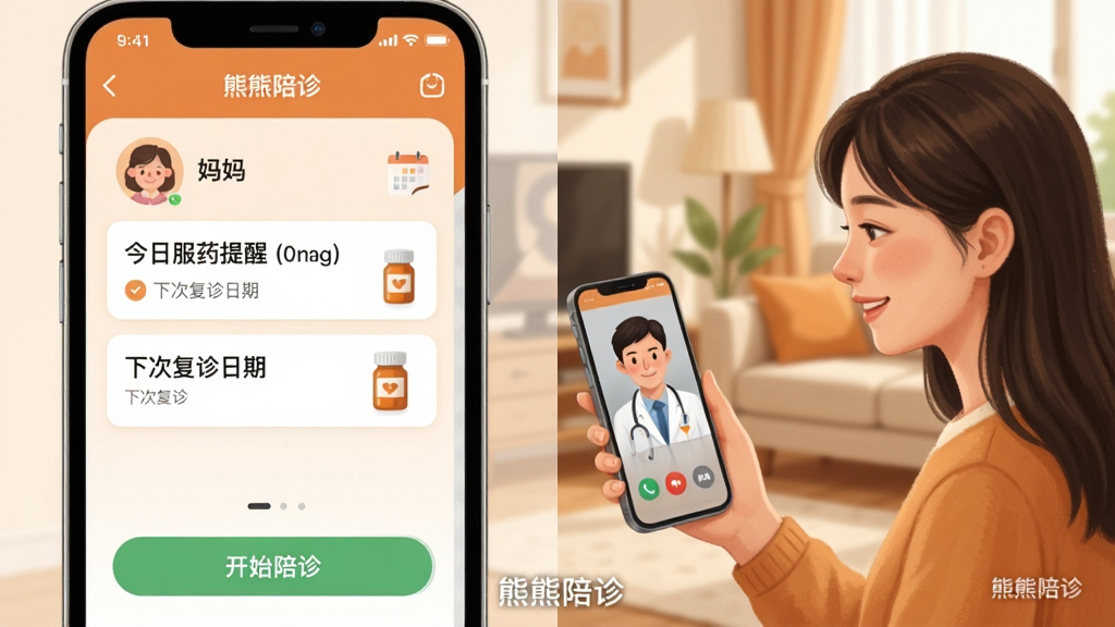 �������Ϊ�ֻ�������ʾ�����������ͥ����ҳ�棬�Ҳ�Ϊһλ����Ůʿ�������ֻ��������ʦ��Ƶͨ���������Ǽ��п���������Ϊ���ҷ���ʽ��ͼ������UI��ʾ�����衱ͷ�񡢽��շ�ҩ���ѿ�Ƭ���´θ������ڣ����Ϊ��ܰдʵ�廭��ɫ����ů��ɫ���װ�ɫΪ����ϸ�ڰ����ֻ���Ļ�ϵ���ɫ����ʼ�����ť��������ǡ�ҩƿͼ�Σ���������������޶���Ԫ�أ�ͼƬ�·����С��������ˮӡ������