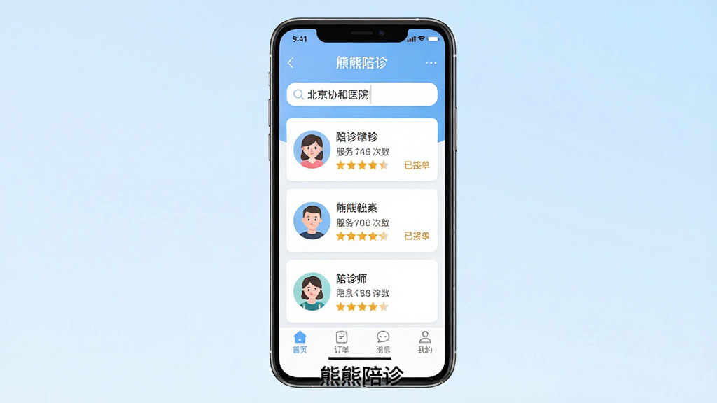 �ֻ���Ļչʾ���������App������ʦ�б�ҳ�棬�������������롰����Э��ҽԺ�����·��Կ�Ƭ��ʽչʾ��λ����ʦͷ��������������������֣�����һλ��ע���ѽӵ���������Ϊ�ֻ��������У�����Ϊ����ɫ���䣻�Ű�������ͷ��Բ�Σ��Ǽ������ý�ɫ����ͼ�ꣻ���Ϊ����ƽ��UI��ƣ�ϸ�ڰ����ײ�����������ҳ��������������Ϣ�����ҵġ����ֻ�������ʾ������ʱ�䣻���ʸɾ��������޶���Ԫ�أ�ͼƬ�����·����С��������������