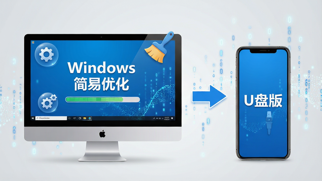 ���壺һ̨������һ���ֻ����Űڷţ���Ļ��ʾ��Windows �����Ż������棬��Χ�г��ֺ����ˢͼ�ꣻ���֣����������ֻ����ң��м��м�ͷ���ӣ��Ű棺����Ϊǳ��ɫ����������ɫΪ��ɫ������񣺿Ƽ��С�ʵ�á���ࣻϸ�ڣ�������Ļ��ʾ�Ż����������ֻ���Ļ��ʾ��U�̰桱��ʶ�������������������������ʣ����壬�ɾ����޶���Ԫ��