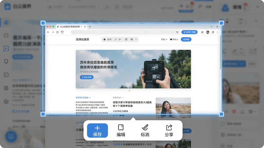 ���壺���ƽ������ֽ�ͼ������ʾ����ʾ���ڽ�ȡһ����ҳ��ͼ�����֣���ͼ��ѡ����ҳ��һ���֣��·�������������ʾ�༭ѡ��Ű棺��ͼ���������ʾ�����������͸�����֡���񣺽�������������ָʾ��ȷ��ϸ�ڣ������������������桢�༭����ע�������Ȱ�ť����ҳ���������ɼ������ʣ����壬�ɾ����޶���Ԫ�ء�