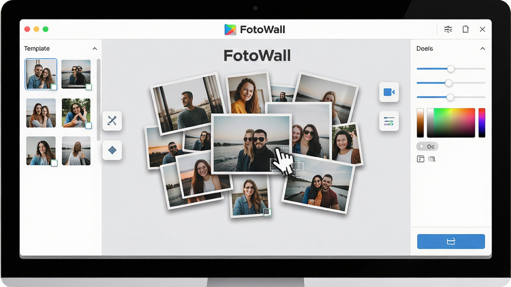 ���壺FotoWall�����������ڵ�����Ļ��չʾ����Ļ������һ���ɶ���������Ƭƴ���ɵĴ���ͼƬǽ����Χ�м��Ĺ���ͼ�����������֣������Ϊ���ģ���б����м仭���༭�����Ҳ����Ե�����壬����ʾ��������ʽ�������֡��Ű棺�����ϵ���Ƭ��С��һ���������£�����ת������Ч������Ե���������Ӱ���Ϸ��С�FotoWall��������Ϊ����Logo������ִ���ƽ����ƣ�ɫ�����죬����Ϊǳ��ɫ������ɾ���ˬ��ϸ�ڣ������пɼ������ק��Ƭ�Ķ��ƣ��Ҳ�����л������ɫѡ�������ײ��е�����ť�����ʣ����壬�ɾ����޶���Ԫ�ء�