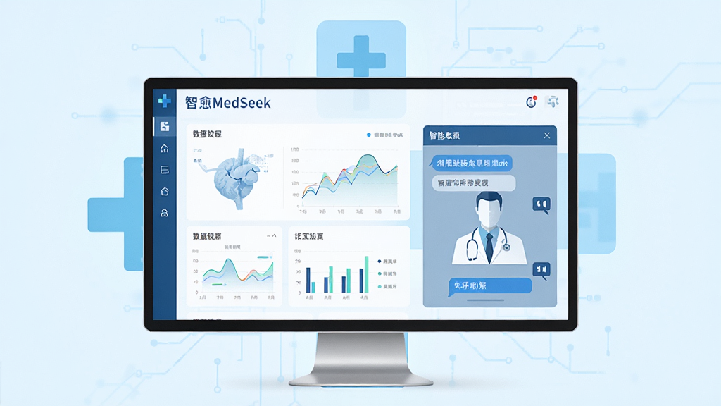 ��������չʾһ����Ϊ������MedSeek�����ִ�ҽ��AI�������棬��Ļ����������ҽѧͼ���������ʴ�Ի��򣬱����ǵ���ɫ�ĿƼ���ҽ��ʮ�ֱ�־�����岼�ּ��רҵ����ƽ����Ʒ��ϸ�ڰ������ݿ��ӻ���ҽ�������Ӱ�����ʸ���ɾ����޶���Ԫ��