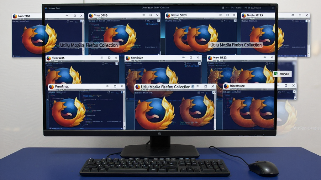 ����Ϊһ�ŵ�����Ļ��ͼ����Ļ�����������Ŷ����ͬ�汾��Firefox��������ڣ�ÿ�����ڱ�������ʾ��ͬ�汾�ţ���Ļǰ�ڷ��ż��̺���꣬����Ϊ��������ɫ����̨�����ֹ������Ű����������дʵ��ϸ�ڰ������ڱ�Ե����Ӱ�Ͱ汾�ű�ǩ�����ʸ���ɾ����޶���Ԫ�أ�ͼƬ�����ֱ�ע��Utilu Mozilla Firefox Collection��