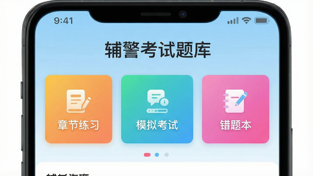 һ��չʾ�����������APP������ĸ����ͼ�����涥����ʾ������������⡱�������·�Ϊ���½���ϰ����ģ�⿼�ԡ������Ȿ��������ɫ���ܿ�Ƭ������Ϊǳ��ɫ���䣬�����������죬UI����ִ��������������޶���Ԫ��