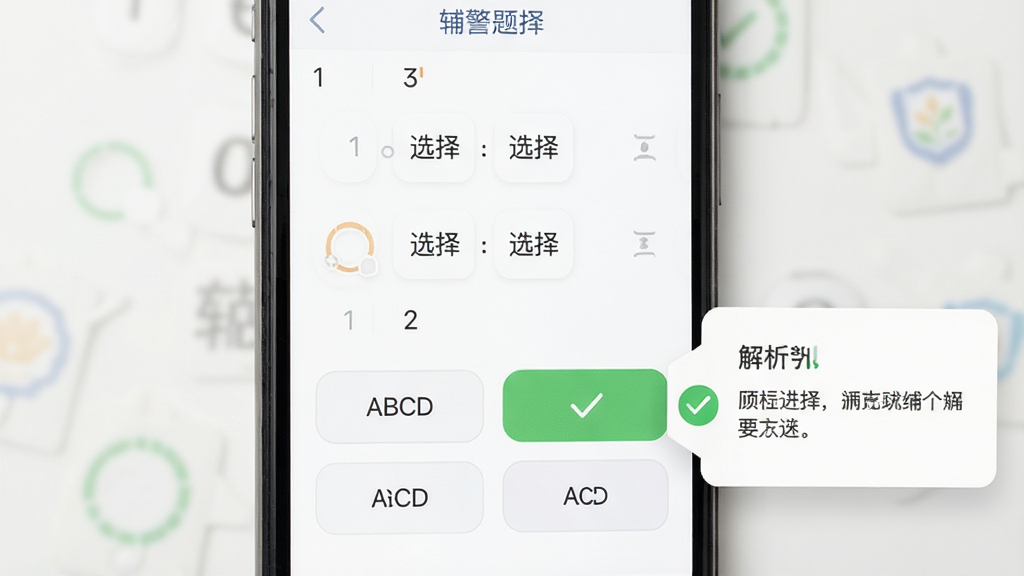 �����������APP�Ĵ�����棬�ֻ���Ļ������ʾһ��ѡ���⣬�·���ABCD�ĸ�ѡ�ť��ѡ�д𰸺��Ҳ൯����ɫ�Թ��ͽ������֣�����Ϊ��ɫ�����岼��������ɫ����ͣ����ʸɾ����޶���Ԫ��