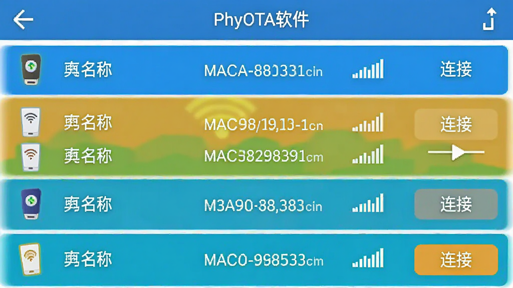 ����ΪPhyOTA����ɨ�赽��������豸�б��Ľ����ͼ���б������豸���ơ�MAC��ַ���ź�ǿ��ͼ�ꡣ����Ϊ�б�ʽ���У�ÿ��һ���豸���Ҳ��С����ӡ���ť�����Ϊ�ƶ���Ӧ�ý�ͼ�磬ɫ��������ϸ�ڰ����豸����Сͼ�ꡣ�����������޶���Ԫ�ء�