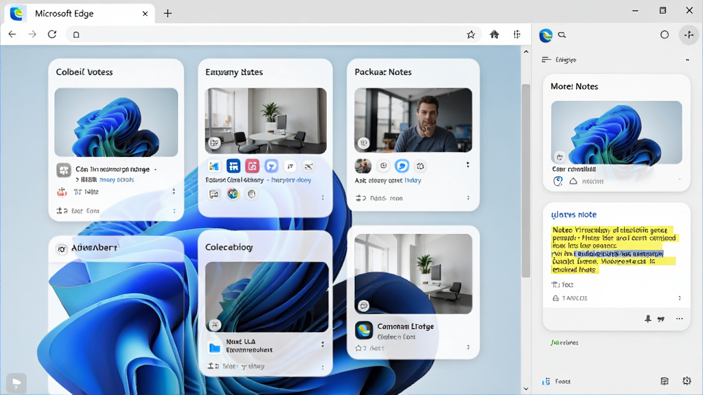 ���壺Microsoft Edge ����������壬չʾ����ղؿ�Ƭ��ʼǡ����֣�������������Ϊ��ҳ���ݣ��Ҳ�Ϊ������������Ű棺���������Լ30%����Ƭʽ���У����б���������ͼ����񣺼��ʵ�ã�ǳɫ���⡣ϸ�ڣ���ƬԲ����ƣ��ʼ������л�ɫ����������ɾ������ʣ����壬�޶���Ԫ��