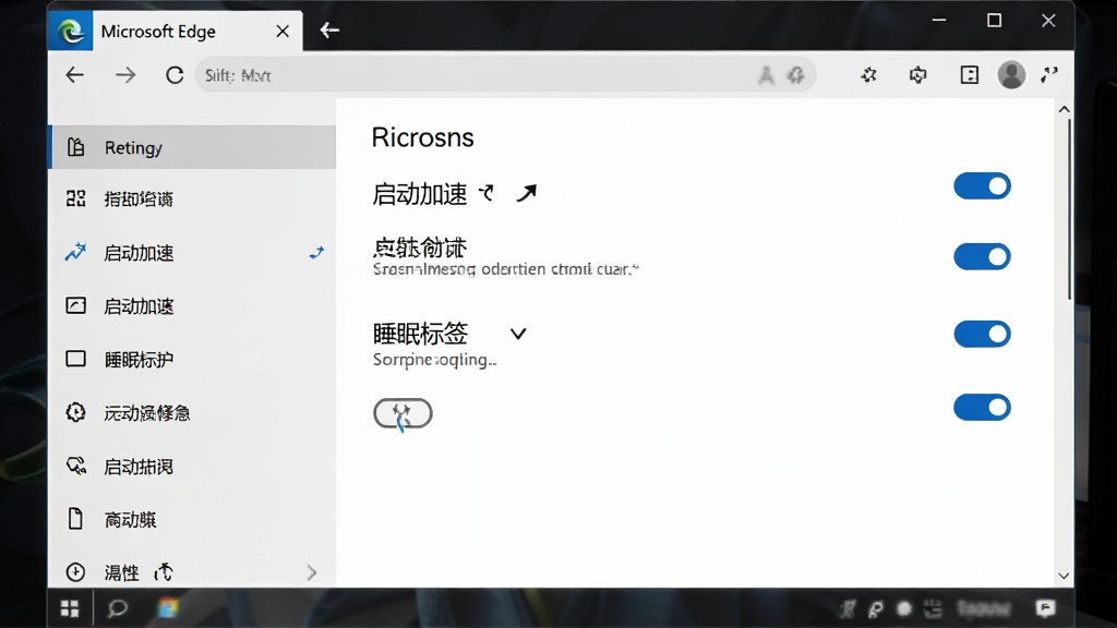 ���壺Microsoft Edge ��������ý��棬չʾ���������١��롰˯�߱�ǩ��ѡ����֣�����ҳ����У�����Ϊ��ɫ�����Ϊ���������Ҳ�Ϊ����ѡ��Ű棺ѡ�����б���ʽ���У�ÿ��ѡ���Ҳ��п��ذ�ť����񣺼��������΢�����ϸ�ڣ����ذ�ťΪ��ɫ���б�����������ҳ��ɾ������ʣ����壬�޶���Ԫ��