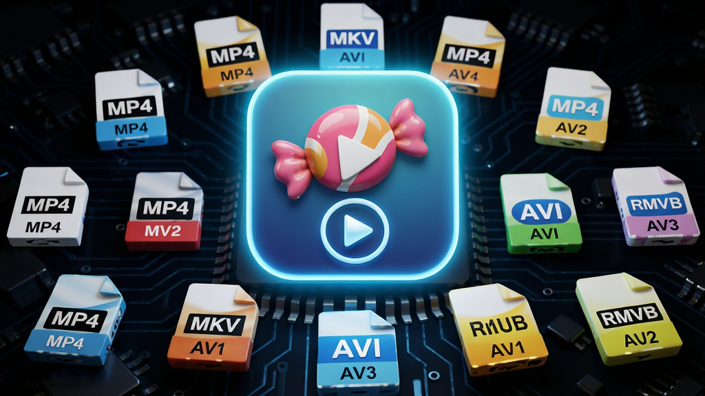 ���壺�ǹ�����������ͼ�������ڶ�����Ƶ��ʽ�ļ��Ϸ�������MP4��MKV��AVI��RMVB���ļ�ͼ�꣬����Ϊ��ɫ�Ƽ��е�·�����������֣�ͼ����У����ܻ��Ʋ�ͬ��ʽ���ļ�ͼ�꣬�ʷ���״���С��Ű棺��η�����������������ͼ������ҷ��⡣��񣺿Ƽ���3D��Ⱦ��񣬹�ӰЧ��ͻ����ϸ�ڣ�ÿ���ļ�ͼ���ϱ�ע��ʽ��׺��������ͼ�������ǹ�ͼ���Ͳ��Ű�ť�����ʣ��߷ֱ�����Ⱦ���ɾ��޶���Ԫ�ء�