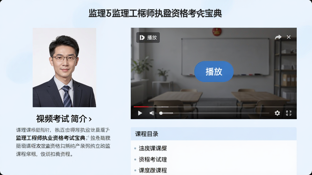 ��������ʦִҵ�ʸ��Ա������Ƶ�γ�ҳ�棬���Ϊ��ʦͷ�����飬�Ҳ�Ϊ���Ŵ��ڣ��·��пγ�Ŀ¼�б�������Ϊ����ɫ�����Ŵ����С����š���ť��������רҵ�������������ɾ��޶���Ԫ��