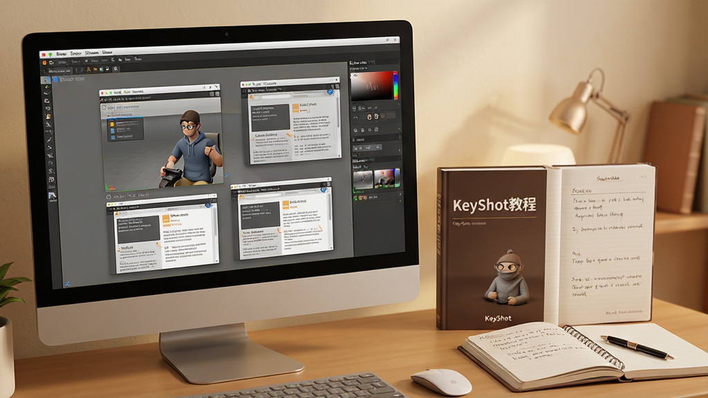 ���壺һ̨������Ļ��ʾKeyShotʵʱ3D��Ⱦ�����Ĳ������棬�������ж���̳��ĵ����ڣ��Ա���һ���򿪵Ľ̳��鼮�����֣�����λ�ڻ�����࣬�Ҳ�ڷ��鼮�ͱʼǡ��Ű棺��Ļ����ʾ��������Ͳ��������ͼ�������ܰ��ʵ�á��������ȡ�ϸ�ڣ��鼮�����С�KeyShot�̡̳���������Ļ�еĽ������������ʸɾ����޶���Ԫ�ء�