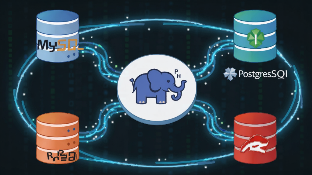 һ�����ݿ�����ʾ��ͼ������ΪPHP����ͼ���������ݿ�ͼ�꣨MySQL��PostgreSQL��Redis��������Ϊ���������ߣ�����ΪPHP�����ܻ������ݿ⣬���Ϊ��ƽ���Ƽ��磬ϸ�ڰ������������Ĺ��ߣ����ʸɾ�