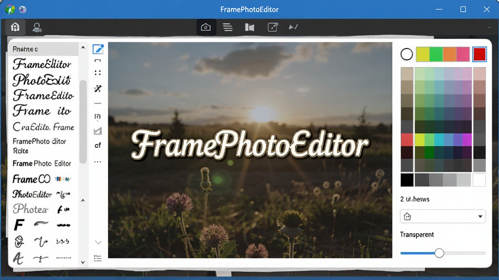 FramePhotoEditor���ֱ༭���棬��Ƭ���������������ֱ��⡰FramePhotoEditor������Χ��ʾ����ѡ���б�����ɫ����͸���Ȼ��飬�����Ѻã����������ڵ��������У����廭��