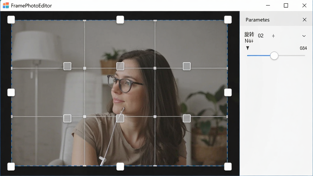 FramePhotoEditor���ܲü�������ʾ��ͼƬ��ʾ�������ߣ������п���ק�İ�ɫ���Ƶ㣬�Ҳ���������ʾ��ת�ǶȻ��飬����ɾ��������������Ʊ�ע�ڴ��ڱ�������������Ⱦ