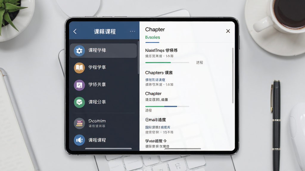 画面主体为打开的国际课程题库App课程选择界面,左侧是学科图标列表,右侧展开显示各学科下的章节题目预览,背景为浅灰色学习桌面,整体排版清晰有序,风格简洁商务,细节包括课程名称和进度条,画质干净无多余元素。