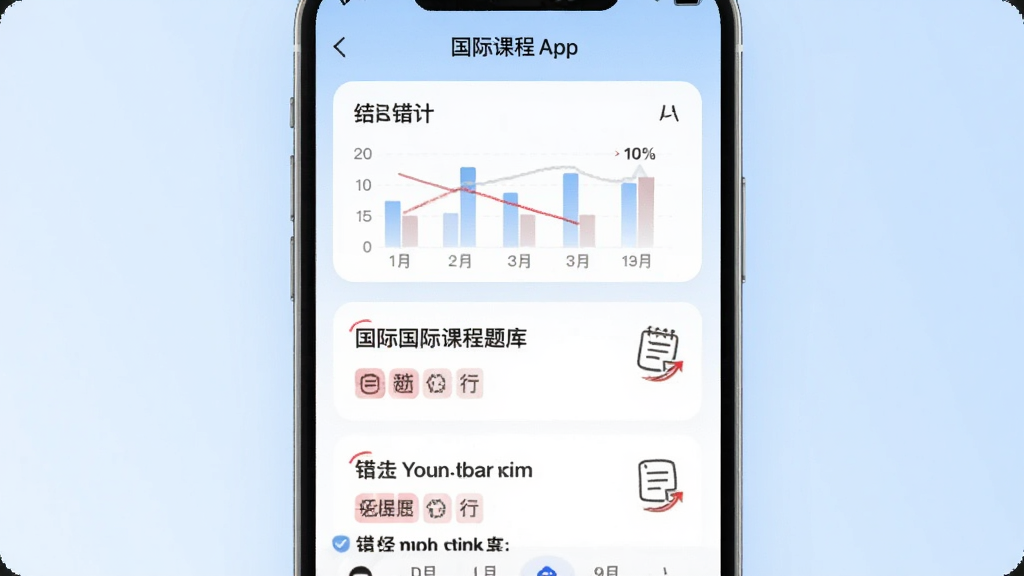 画面主体为国际课程题库App的错题本界面,上方是统计图表,下方是错题卡片列表,每张卡片上有题目标题和标签,背景为淡蓝色渐变,整体风格清爽柔和,排版整齐,细节有红色标记和笔记图标,画质清晰干净。