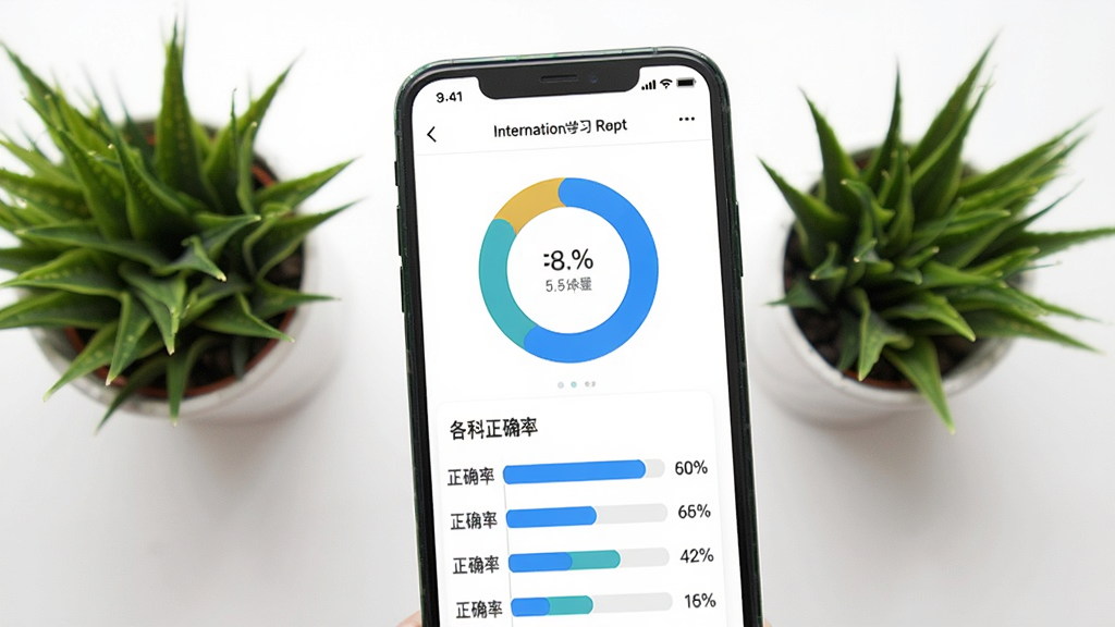 画面主体为国际课程题库App在手机上的学习报告页面,上方有环形统计图,下方有各科正确率条形图,背景为纯白色,桌面有绿植点缀,整体风格简约清新,排版规整,细节有数字和百分比,画质高清干净。