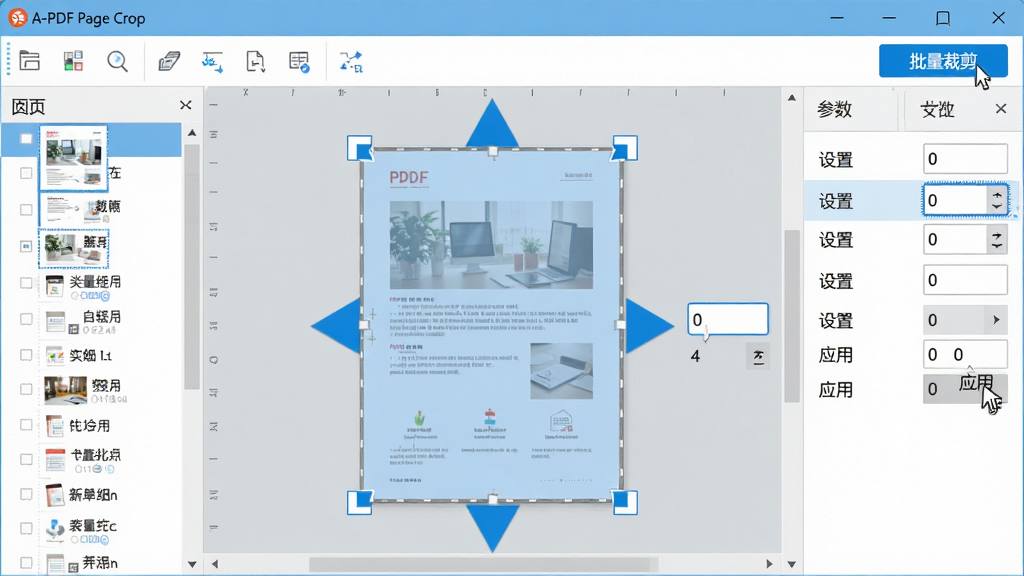 ���壺һ��A-PDF Page Crop�������ܽ����ͼ������������ʾ��һ��PDFҳ������ͼ���������ĸ��������ɫ��ͷָʾ�ü������Ա�����������򡣲��֣������ƽ����ƣ��������򻮷����������Ϊҳ���б����Ҳ�Ϊ����������塣�Ű棺��������ͻ����ʾ�������ü�����ť����������е����ֲ��������ɼ����������칫�����ɫ��ǳ���Ͱ�ɫΪ����ϸ�ڣ�ҳ������ͼ�ϵ����˰�͸���Ĳü����ֲ㣬���ָ�������ڡ�Ӧ�á���ť�ϡ����ʣ����壬������Ⱦϸ�壬�ɾ����޶���Ԫ�ء�