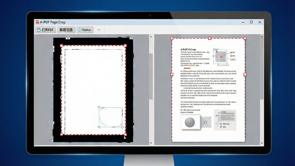 ���壺һ̨������A-PDF Page Crop�����ĵ�����Ļ��д����Ļ����ʾ��PDF�ĵ��ü�ǰ��ĶԱȽ��棬���Ϊ�������ҺڱߺͶ���հ������ԭʼҳ�棬�Ҳ�Ϊ�ü���ɾ������ҳ�档���֣�ͼƬ�Ե�����ĻΪ���ģ���Ļ��������ռ�ݻ�����������֮������Χ������������ɫ���䱳�����Ű棺��Ļ�����п��Կ��������ļ�๤��������������PDF�������ü���Χ���Ȱ�ť���������������ɱ棬ͻ����A-PDF Page Crop���������ơ�����ִ��Ƽ��У������ƽ����ƣ�ɫ�����졣ϸ�ڣ���Ļ��Ե��΢���ķ���Ч�����ļ�ҳ���ϵ����������������ü�������Ŀ�ĺ�ɫ���߱�ʾ�����ʣ�8K�����壬ϸ�ڷḻ���ɾ����޶���Ԫ�ء�