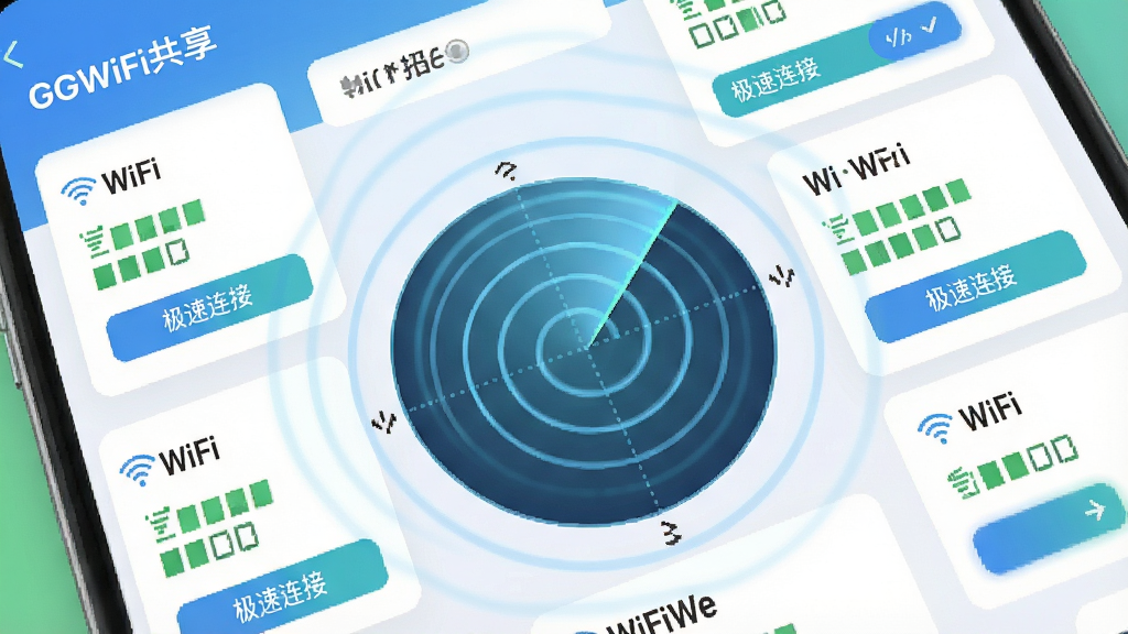���壺GGWiFi����APP�ġ�����ɨ�衱���ܽ�����д�����֣�����������һ����̬���״�ɨ�趯������Χ�Կ�Ƭ��ʽ������ɨ�赽��WiFi�ź��б����Ű棺��Ƭ��������ʾWiFi���ơ��ź�ǿ�ȸ����롰�������ӡ���ť����񣺱�ƽ����ƣ�ɫ���������졣ϸ�ڣ��״ﶯ�����е���ɫ�Ĳ�����ɢЧ�����������Ͻ��С�GGWiFi���������������ʣ�ϸ���UI�����ͼ��񣬸ɾ��޶���Ԫ�ء�