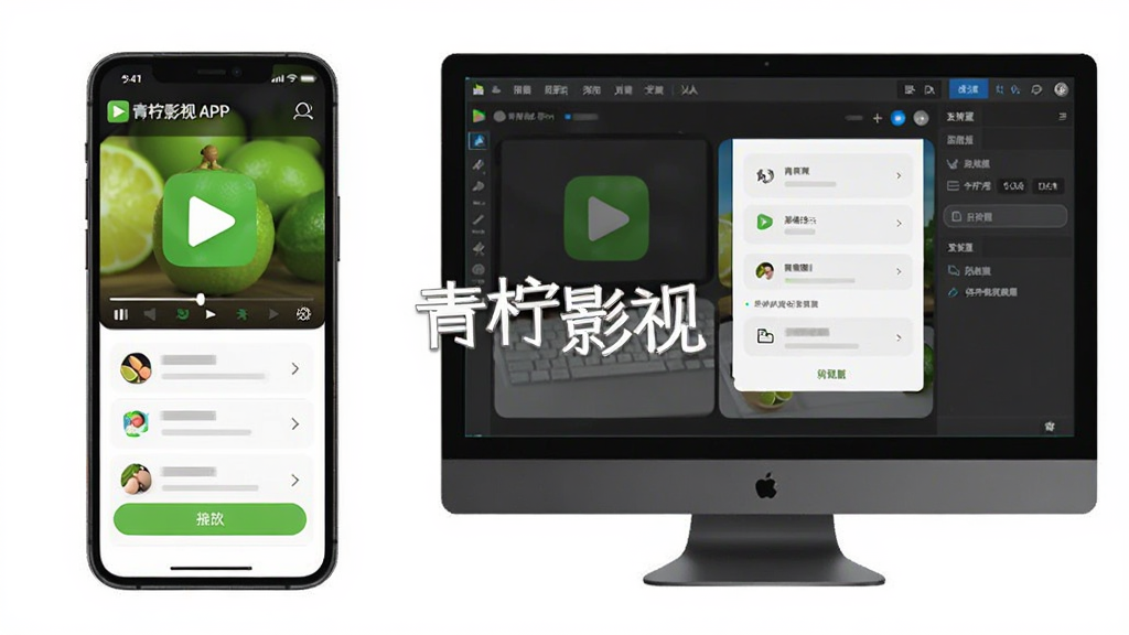 青柠影视APP在手机和电脑上使用的对比示意图,左侧是手机播放界面,右侧是电脑模拟器界面,整体布局清晰,风格简洁,细节展示操作按钮和设置选项,画质干净,无多余元素,中间有“青柠影视”字样