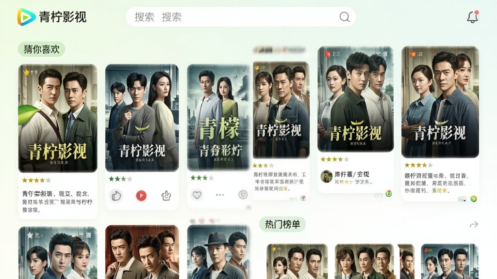 青柠影视APP首页推荐界面,展示多部电视剧海报卡片,每个卡片带有评分和简介,布局采用瀑布流形式,风格清新柔和,细节展示“猜你喜欢”和“热门榜单”标签,画质干净,无多余元素,顶部有搜索框和“青柠影视”字样