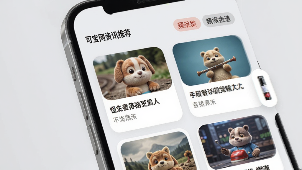 �ɱ�����Ѷ�Ƽ�ҳ�棬�ֻ���Ļ��չʾ�������ſ�Ƭ������ͼƬ�ͱ��⣬���Ͻ���Ƶ�������ǩ������Ϊǳ��ɫ����ƬԲ����ƣ��Ű����룬����Լ�ִ������ʸ��壬�޶���Ԫ��