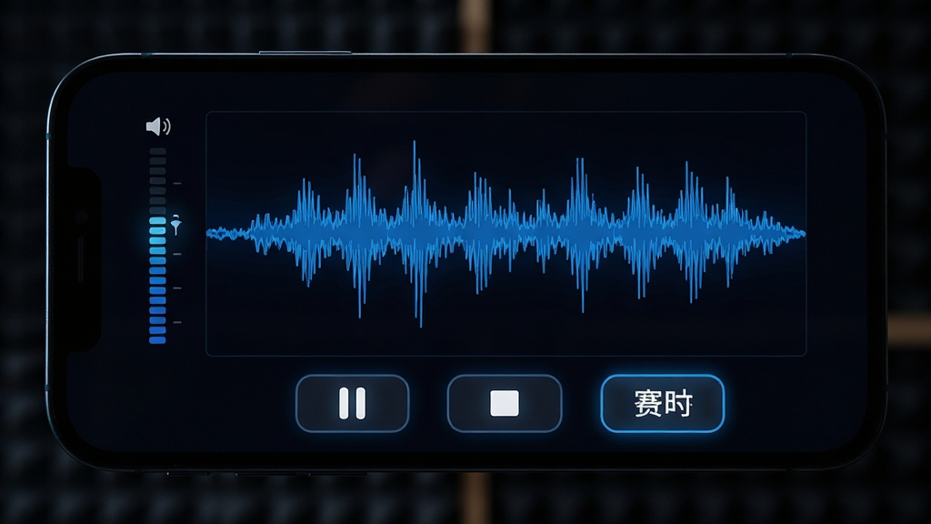 主体:录音机专业助手录音界面特写,手机横屏显示波形图,波形图颜色为蓝色,背景为深色,界面下方有暂停、停止、保存按钮。布局:波形图占据屏幕中央,按钮排列在底部,左侧有音量指示条。排版:波形图线条流畅,实时滚动,按钮图标简洁。风格:专业录音棚风格,深色背景,蓝色波形,白色文字。细节:波形图有微小起伏,音量条跳动,按钮有微光效果。画质:高清,干净,无多余元素。