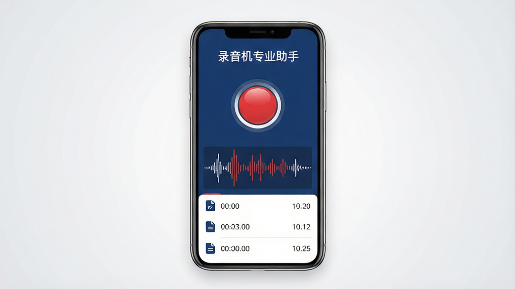 主体:录音机专业助手应用界面展示,一部智能手机屏幕显示主界面,界面顶部有“录音机专业助手”字样,中间有红色圆形录音按钮,下方有波形图与文件列表。布局:手机居中,背景为浅灰色渐变,四周留白,UI元素清晰排列。排版:扁平化设计,图标规整,信息层次分明。风格:现代简约,科技感,色彩以深蓝与白色为主,红色点缀。细节:波形图动态波动,按钮有光泽质感,文件列表显示时间与大小。画质:4K超清,干净,无多余元素。