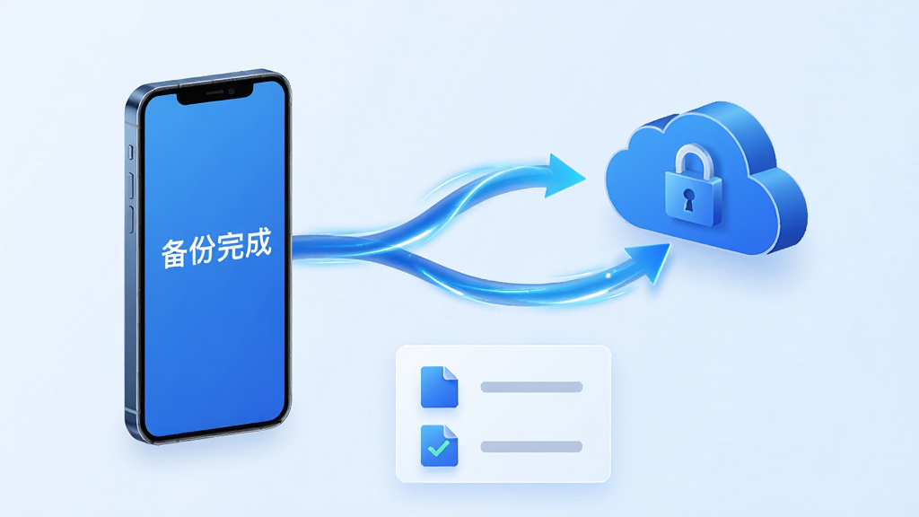 主体:录音机专业助手云备份功能示意图,手机与云端服务器之间通过数据线条连接,手机屏幕显示“备份完成”字样,背景为淡蓝色。布局:手机在左,云端图标在右,中间有箭头线条,下方有文件列表。排版:简洁清晰,图标化表达。风格:科技感,商务风格,蓝色调。细节:文件列表有勾选标记,云端有锁形图标,线条有动态流光。画质:高清,干净,无多余元素。