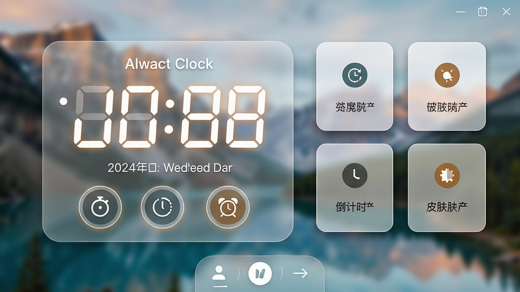���壺һ���ִ���Լ��������ʱ���������棬��ʾ��Alwact Clock������������������ʱ�ӡ����ڡ������Լ����Բ�ι��ܰ�ť�����������ʱ�����ӣ������֣�ʱ�����ڻ�������ƫ���Ҳ����й��ܿ�Ƭ���ײ���Ƥ���л������Ű棺��ƽ����ƣ���Ϣ�㼶���������׳��㡣��񣺿Ƽ�������ܰ�н�ϣ���������ͨ͸��͸��ĥɰ�����ʸС�ϸ�ڣ�ʱ�����ֲ���LED�������壬��Ե����͹��Σ����ܿ�Ƭ������΢��Ӱ�����汳��Ϊģ���ķ羰ͼ�����ʣ�8K���壬�ɾ����޶���Ԫ�ء�